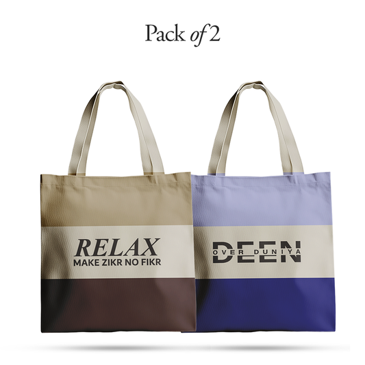 Sunnah Conscious pack of two eco-friendly cotton tote bags with Relax and Deen over Duniya graphic prints