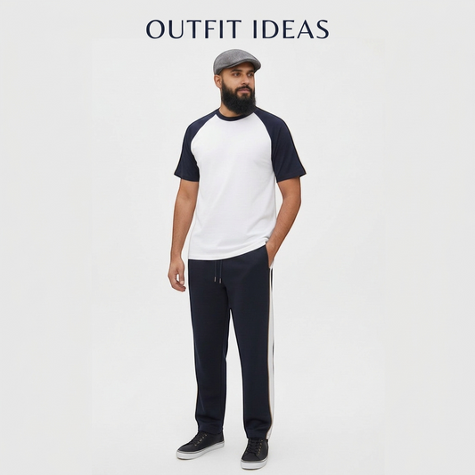 Sunnah Conscious white and black cotton tracksuit featuring a raglan t-shirt and matching joggers on a bearded man